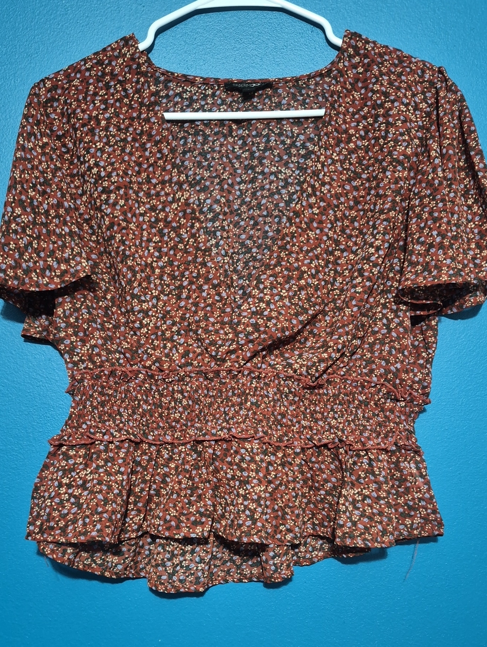 Papermoon Floral Peplum Blouse in Brown Large Like New
